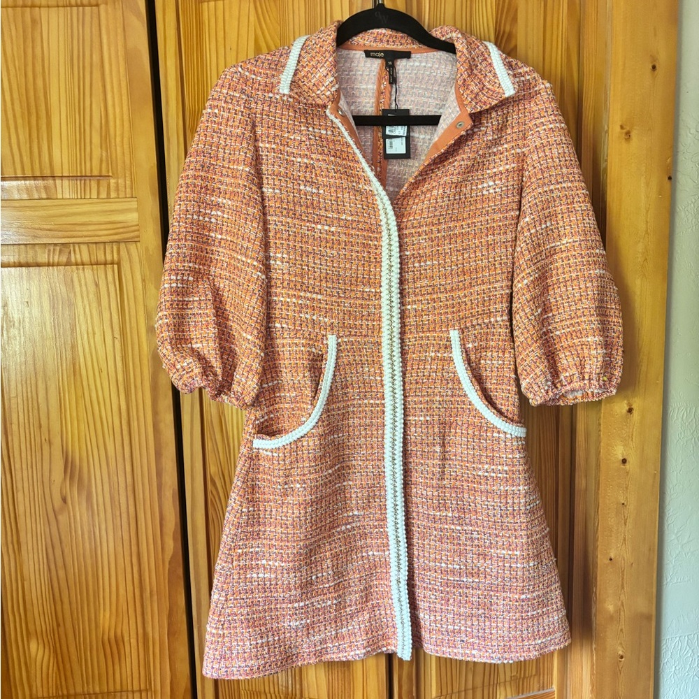 Maje Orange Tweed Coat with Braided Trim NTW
